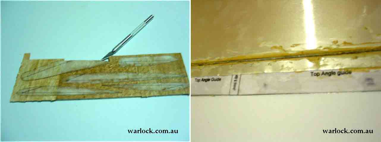 The paper airfoil stencils were glued onto balsa and cut out using a scalpel. A root-guide was constructed from sheet metal and round metal rod. It was coated in fibreglass and kept perfectly flat.