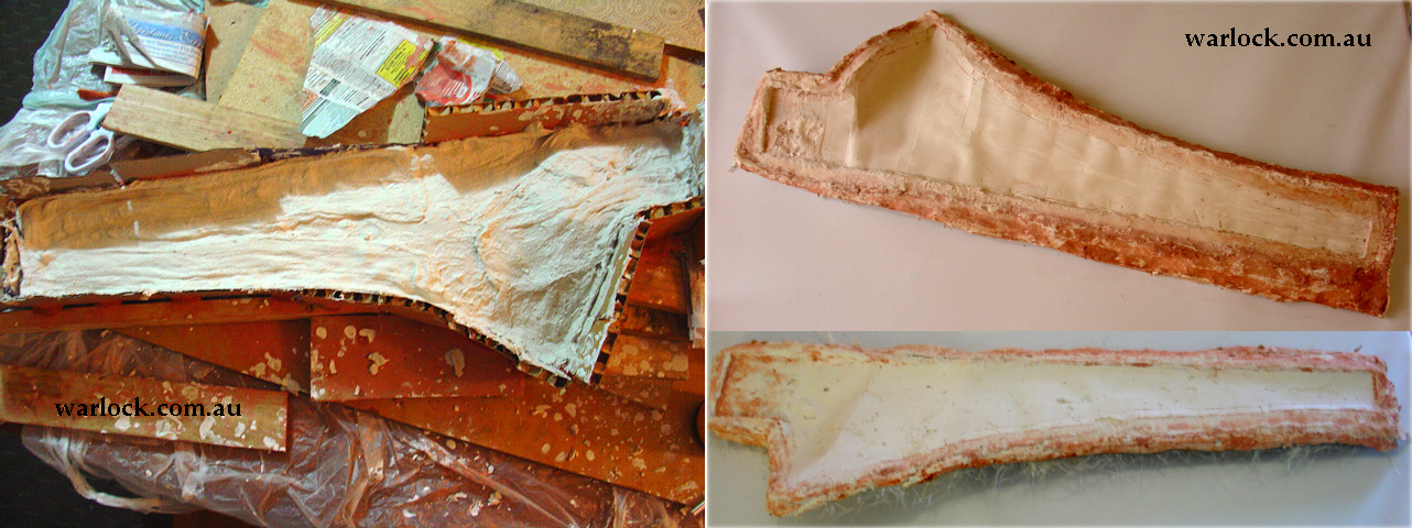 The mould was filled with plaster soaked gauze strips. We could also used fibreglass mat in plaster to fill mould. After drying, the mould was turned over and a clay border was made followed by plaster/gauze cast of the other side. Both plaster halves of the mould were separated easily.